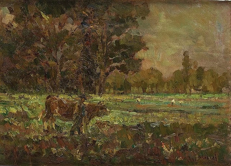 Contadino con vacca in paesaggio